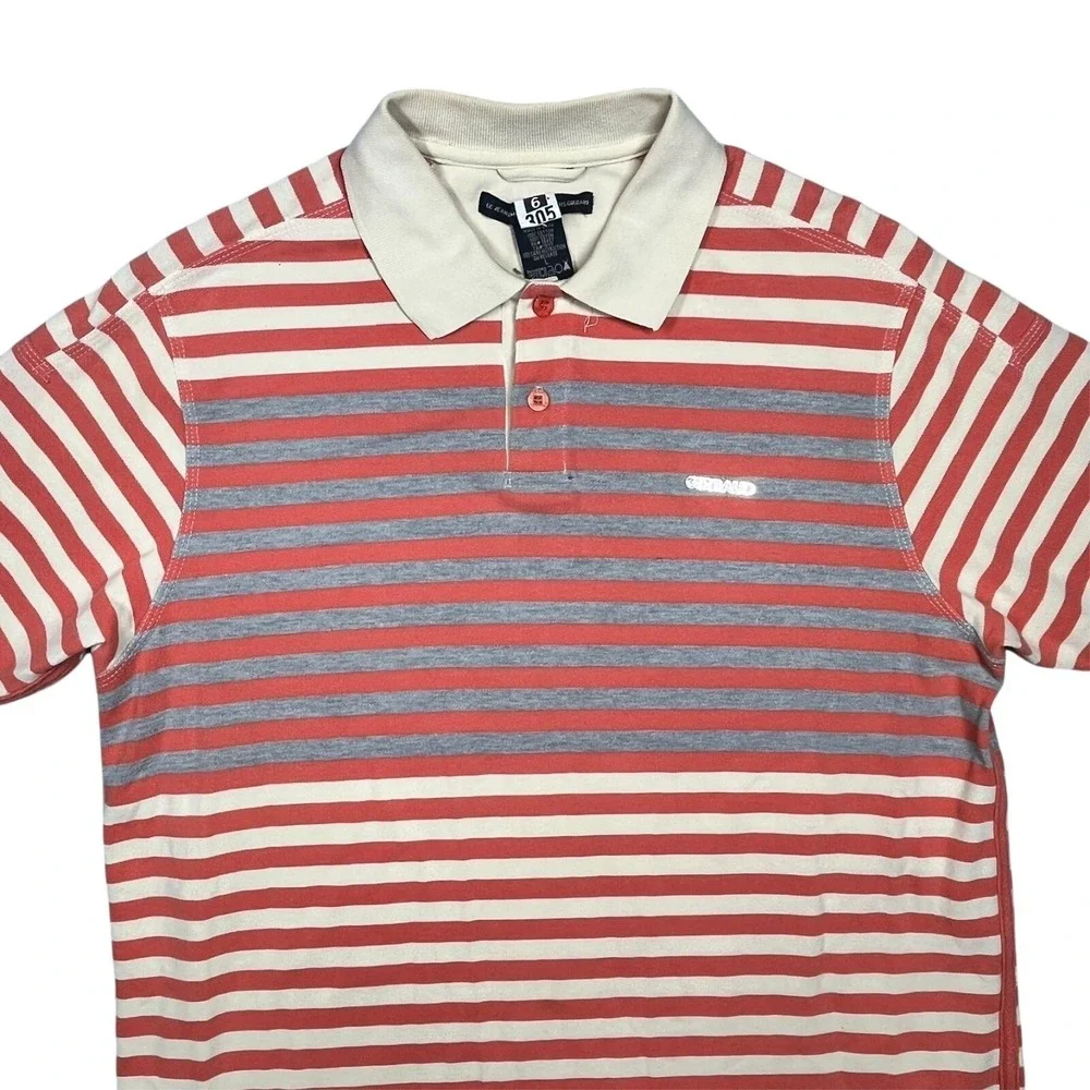 Marithe‎ Francois Girbaud Polo Shirt Mens L Red Cream Striped Cotton Y2K *Flaw
